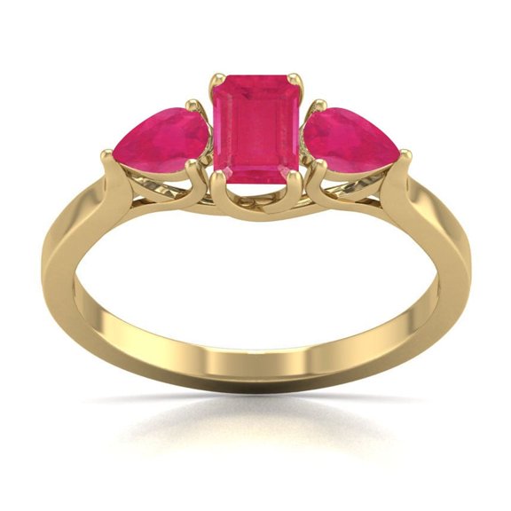 Emerald and Pear Cut Natural Ruby Gemstone Ring in 14K Yellow Gold (Size: 5)
