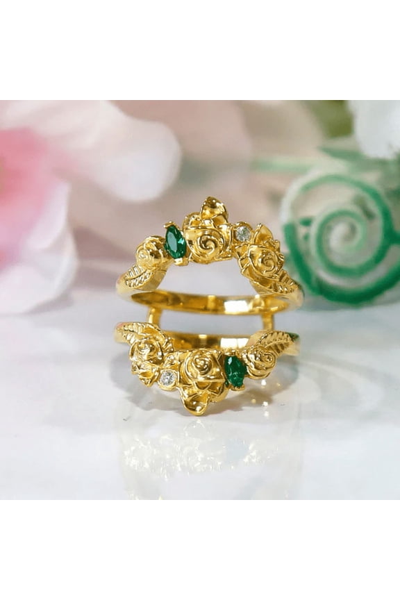 Emerald and White Diamond Flower and Leaf Wedding Ring Guard in 14K Yellow Gold Vermeil- Mother's Day Special