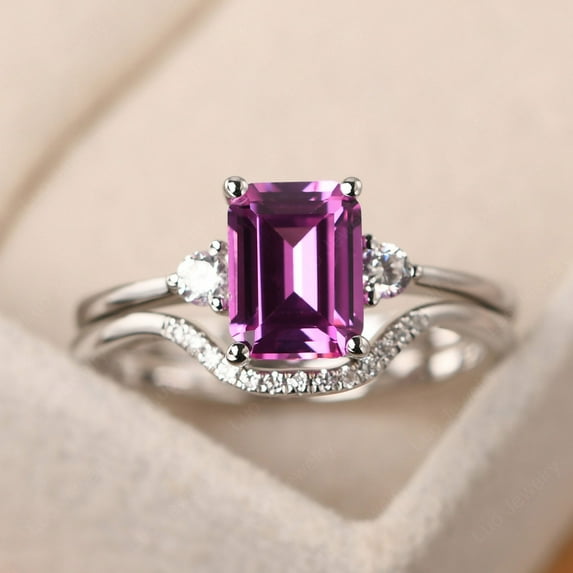 Emerald cut 4.70 carat pink sapphire engagement sets,sterling silver curve wedding band, 2 rings sets