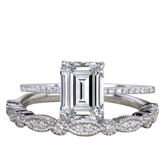 Emerald cut Moissanite and Moissanite Wedding Bridal Ring Set with 1.25 Ct with 18k Gold Plating