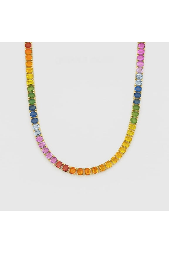 Emerald cut Rainbow Sapphire bezel set tennis necklace gold Plated, emerald cut Sapphire tennis necklace gold, tennis necklace gold Plated