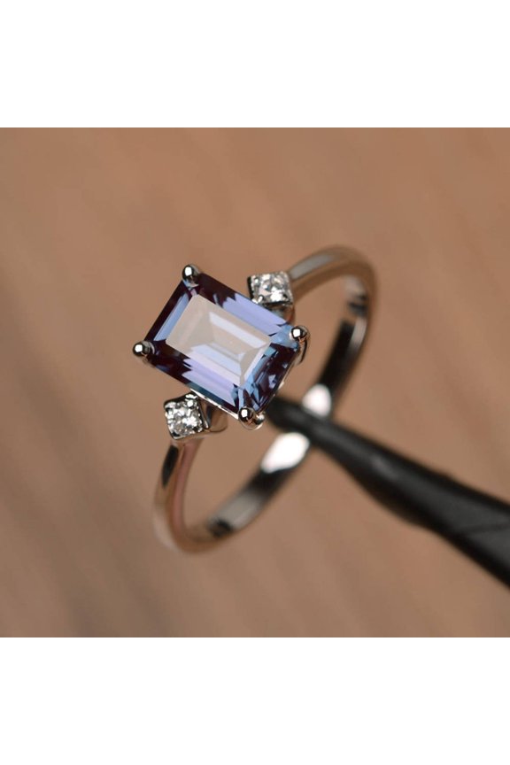Emerald cut alexandrite promise ring rectangle color changing gemstone 14k white gold ring June birthstone