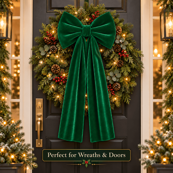 Emerald green velvet bow decoration—a large, pre-tied bow measuring 11.8 x 19.7 inches—suitable for door accents, wreaths, Christmas trees, fireplace mantels, and festive home decor.
