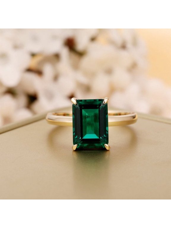 Oval Green Emerald Engagement Rings 5 ct. t.w., Sterling Silver Gold Plated Band For Her