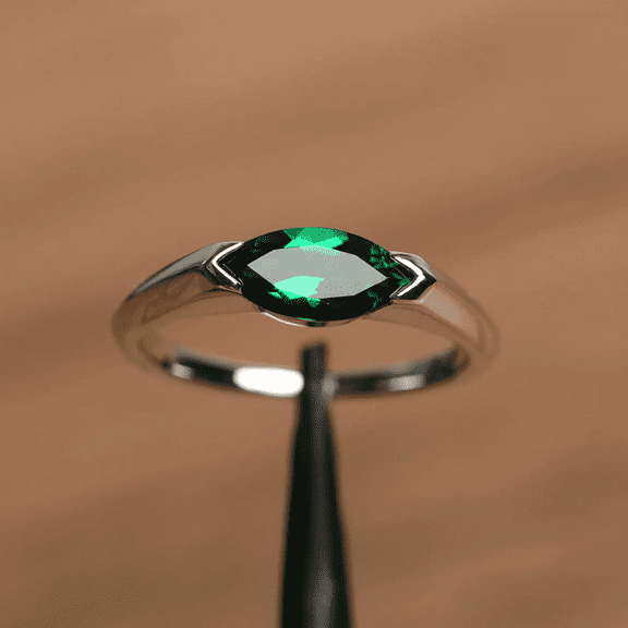 Emerald ring May birthstone marquise cut horizontal setting minimalist solitaire ring