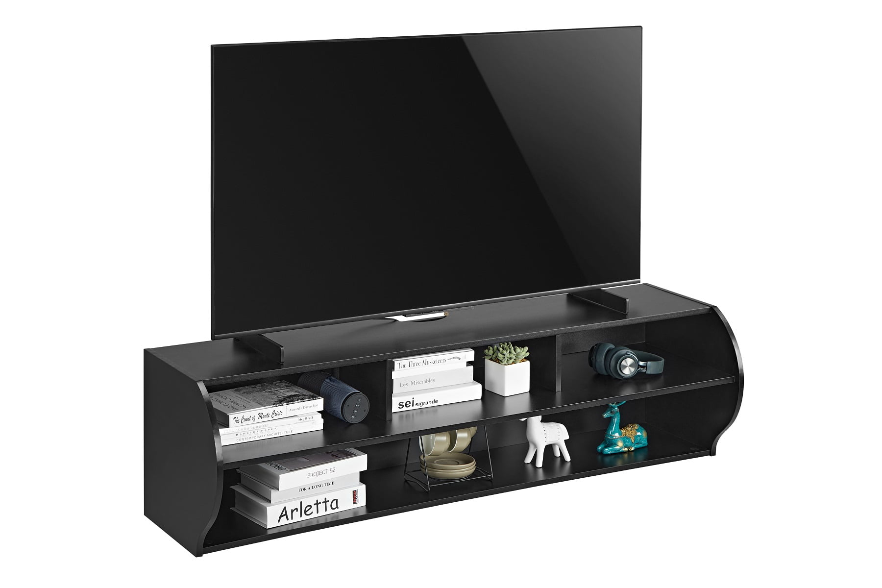 Emerald's Wall Mounted TV Stand Living Room Furniture W/ Shelves (Black)