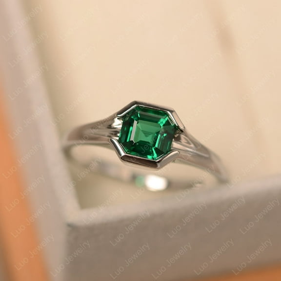 Emerald wedding ring, May birthstone, sterling silver, asscher cut, green stone vintage ring