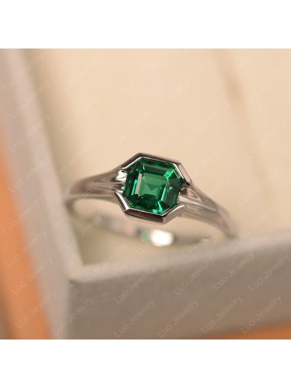 Emerald wedding ring, May birthstone, sterling silver, asscher cut, green stone vintage ring