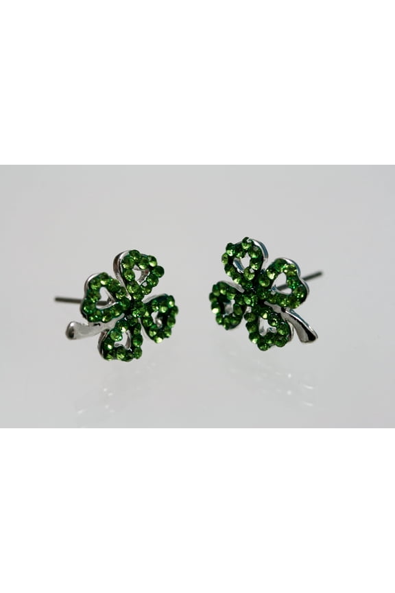 Emeralds Rhinestone Shamrock Outline Post Earrings, St Patrick's Day Earrings, Irish Four Leaf Clover Earrings Jewelry Gift