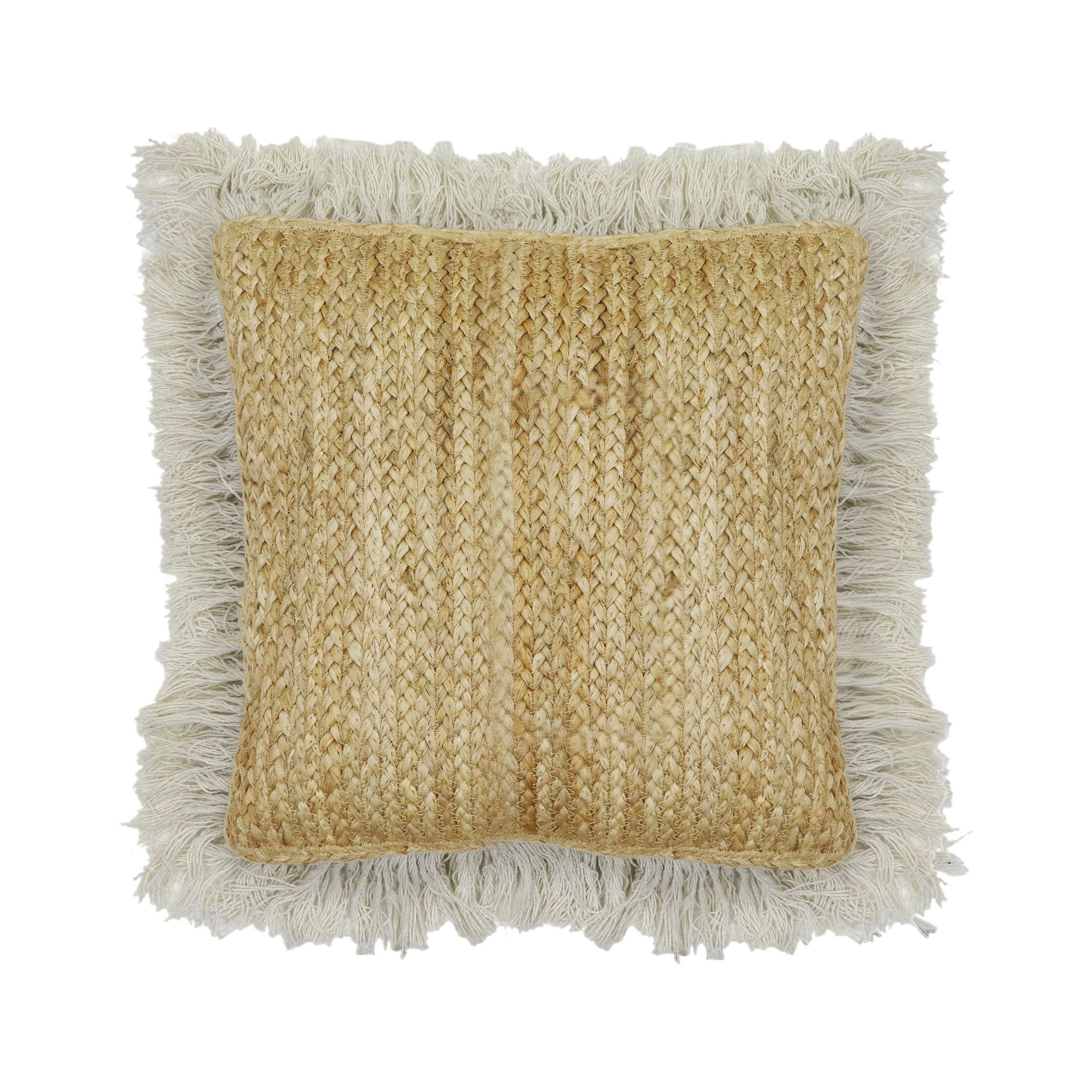 Natural Beige Jute and Cotton Square Accent Pillow with Fringe