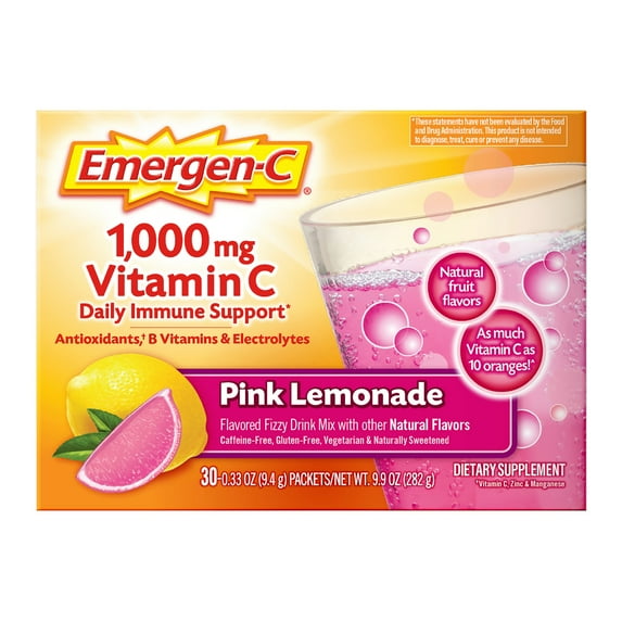 Emergen-C 1000Mg Vitamin C Powder, with Antioxidants, B Vitamins and Electrolytes for Immune Support, Caffeine Free Vitamin C Supplement Fizzy Drink Mix, Pink Lemonade Flavor - 30 Ctt/1 Month Supply