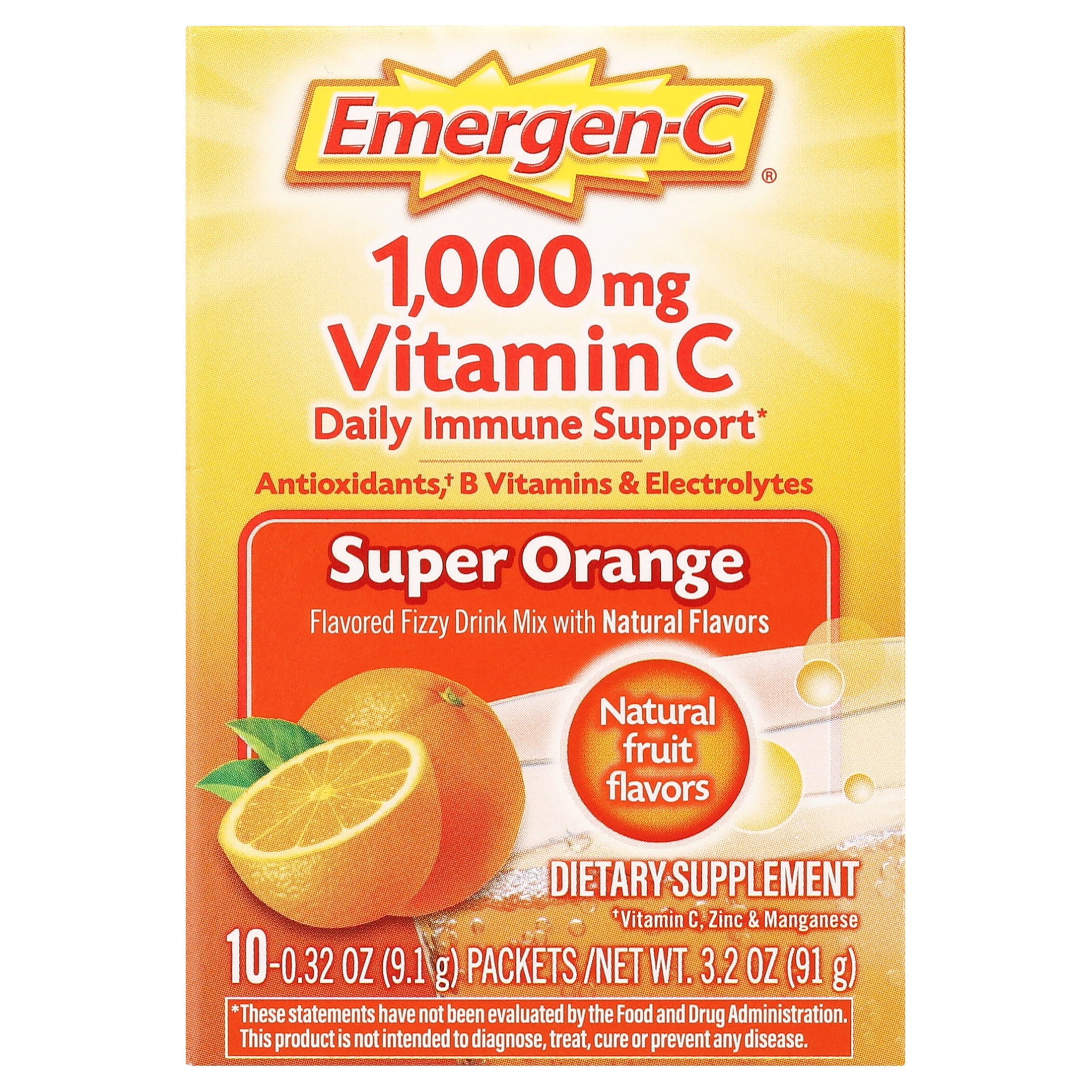 Emergen-C 1000Mg Vitamin C Powder for Immune Support Super Orange - 10 Ct