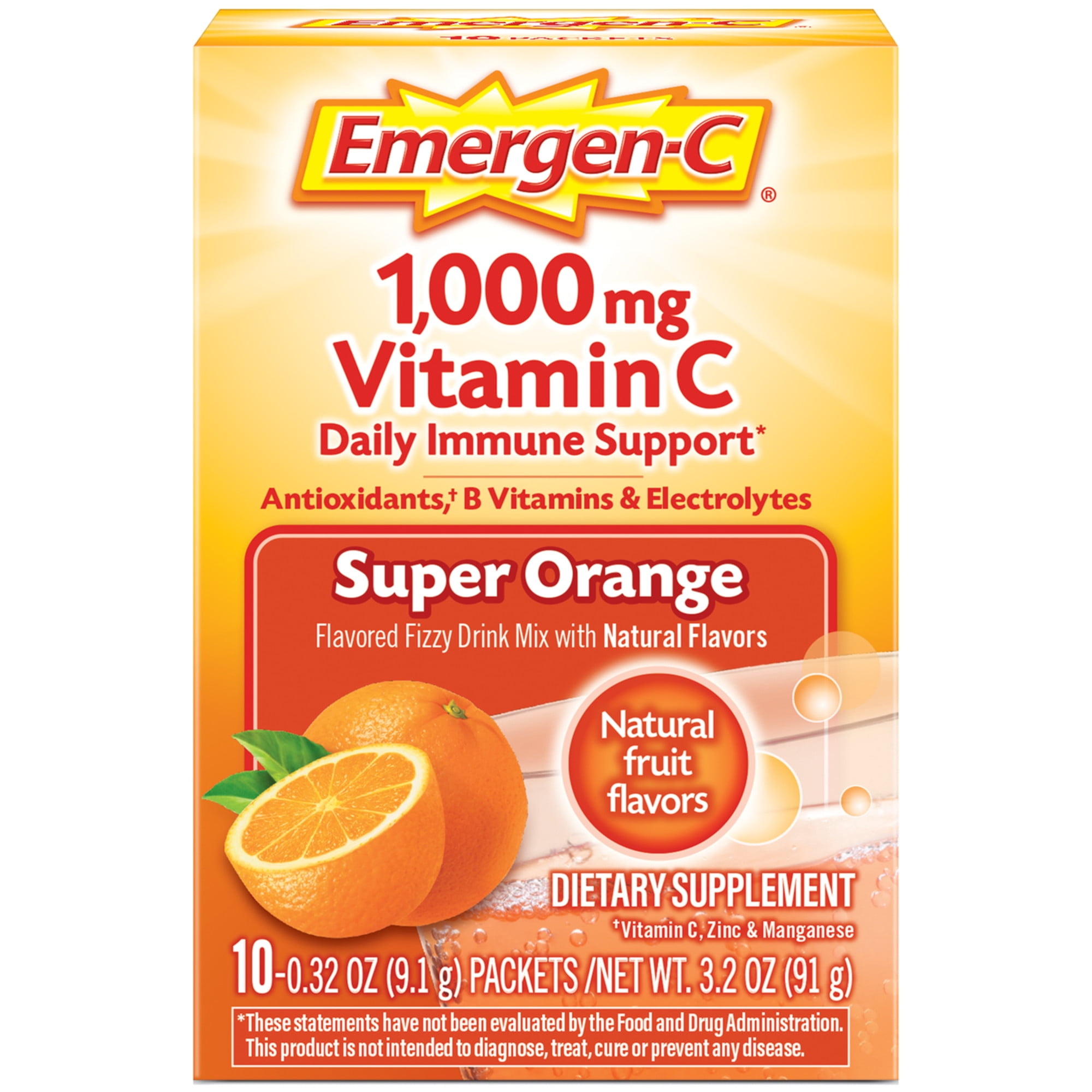 Emergen-C 1000Mg Vitamin C Powder for Immune Support Super Orange - 10 Ct