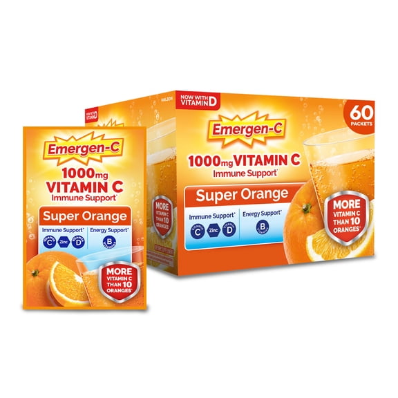 Emergen-C 1000 Mg Vitamin C Powder for Immune Support, Super Orange Flavor - 60 Count