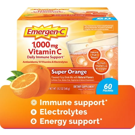 Emergen-C 1000mg Vitamin C Powder, with Antioxidants, B Vitamins and Electrolytes, Vitamin C Supplements for Immune Support, Caffeine Free Fizzy Drink Mix, Super Orange Flavor - 60 Count (Pack of 2)