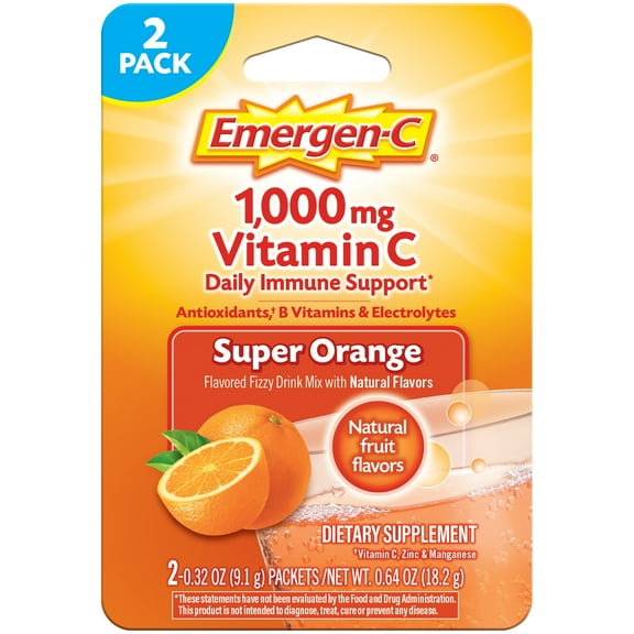 Emergen-C 1000mg Vitamin C Powder, with Antioxidants, B Vitamins and Electrolytes for Immune Support, Caffeine Free Vitamin C Supplement Fizzy Drink Mix, Super Orange Flavor - 72 Count