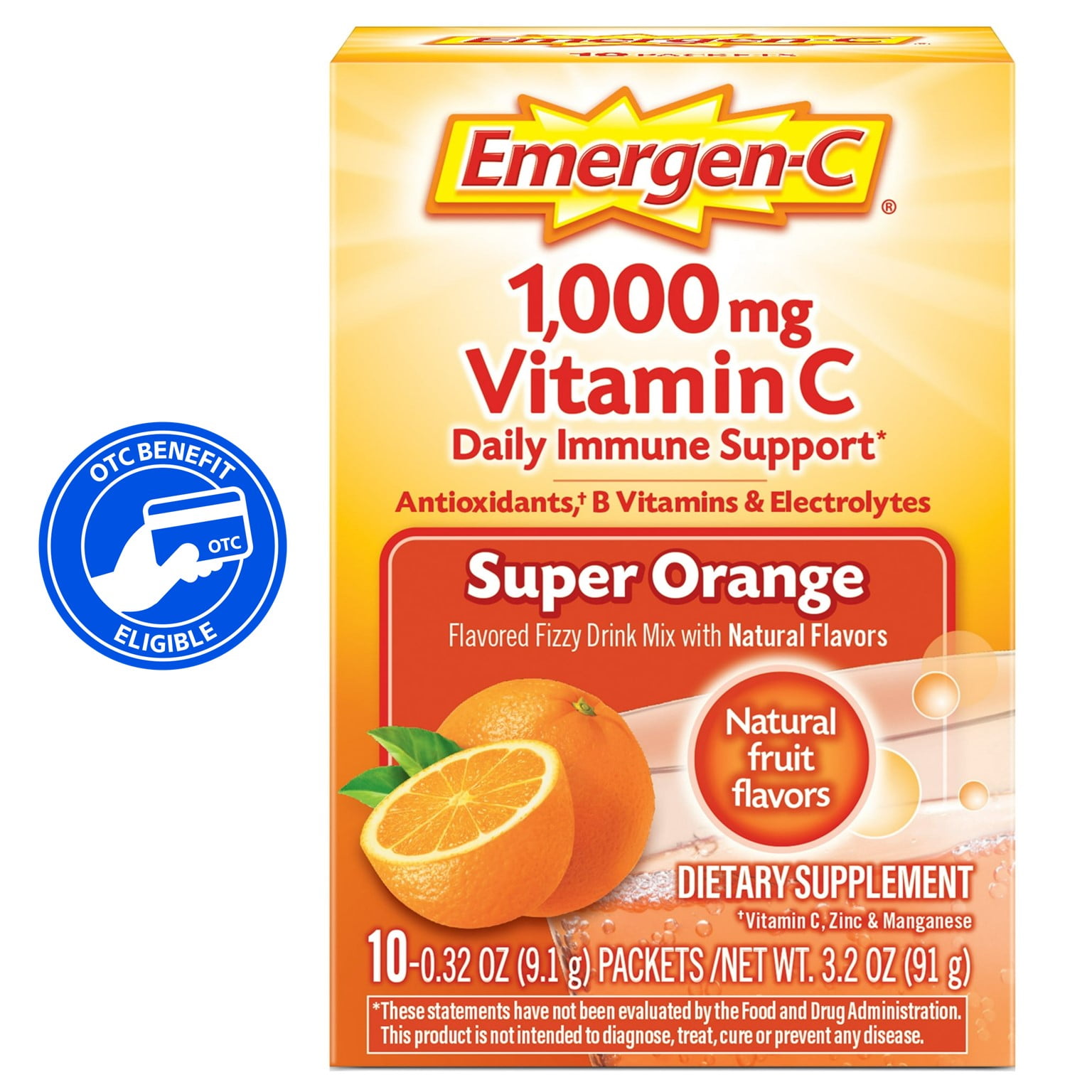 Emergen-C 1000mg Vitamin C Powder for Daily Immune Support with Zinc and Manganese, Super Orange - 10 Ct