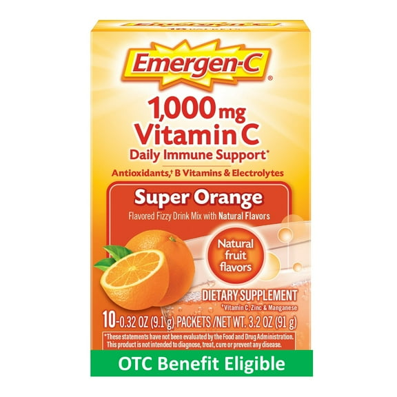 Emergen-C 1000mg Vitamin C Powder for Daily Immune Support with Zinc and Manganese, Super Orange - 10 Ct
