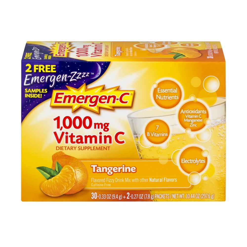 Emergen-C + 2 Bonus Emergen-Z (30 Count, Tangerine Flavor) Dietary Supplement Fizzy Drink Mix with 1000 mg Vitamin C, 0.33 Ounce Packets, 2 Emergen-Zzzz Samples Included, Caffeine Free
