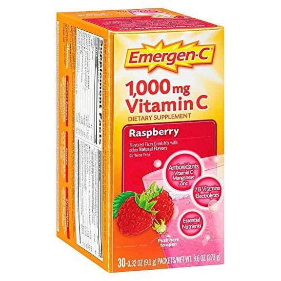 Emergen-C (30 Count, Raspberry Flavor, 1 Month Supply) Dietary Supplement Fizzy Drink Mix with 1000mg Vitamin C, 0.32 Ounce Packets, Caffeine Free