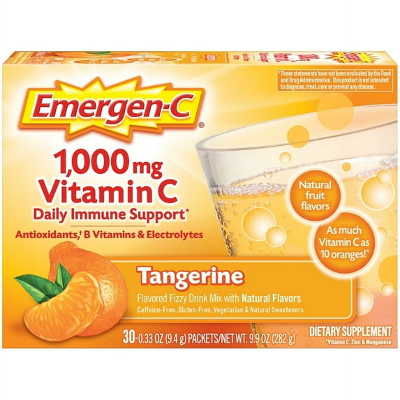 Emergen-C (30 Count, Tangerine Flavor) Dietary Supplement Drink Mix with 1000 mg Vitamin C, 0.33 Ounce Packets, Caffeine Free