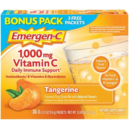 Emergen-C (30 Count, Tangerine Flavor) Dietary Supplement Fizzy Drink Mix with 1000 mg Vitamin C, 0.33 Ounce Packets, Caffeine Free