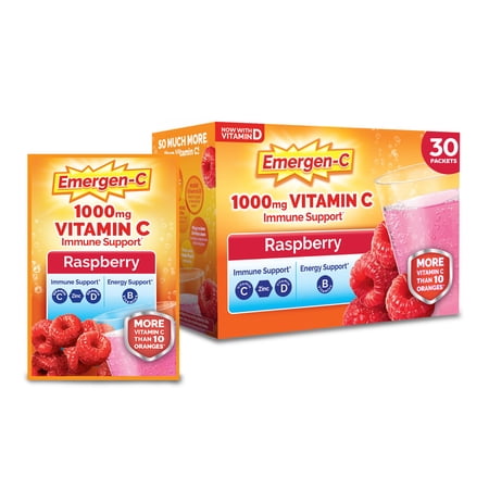 Emergen-C 1000 Mg Vitamin C Powder for Immune Support, Raspberry Flavor - 30 Count