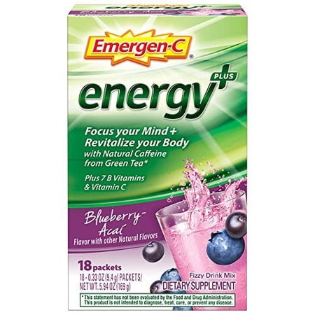 Emergen-C Energy+, With B Vitamins, Vitamin C And Natural Caffeine From Green TeaBlueberry Acai Flavor Dietary Supplement Drink Mix, 0.33 Ounce Powder PacketsPack of 18