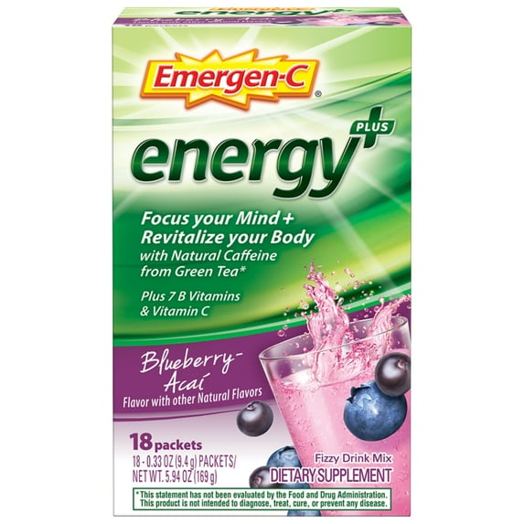 Emergen-C Energy Plus Vitamin C Energy Drink Mix Powder, Blueberry Acai Flavor, 18 Ct