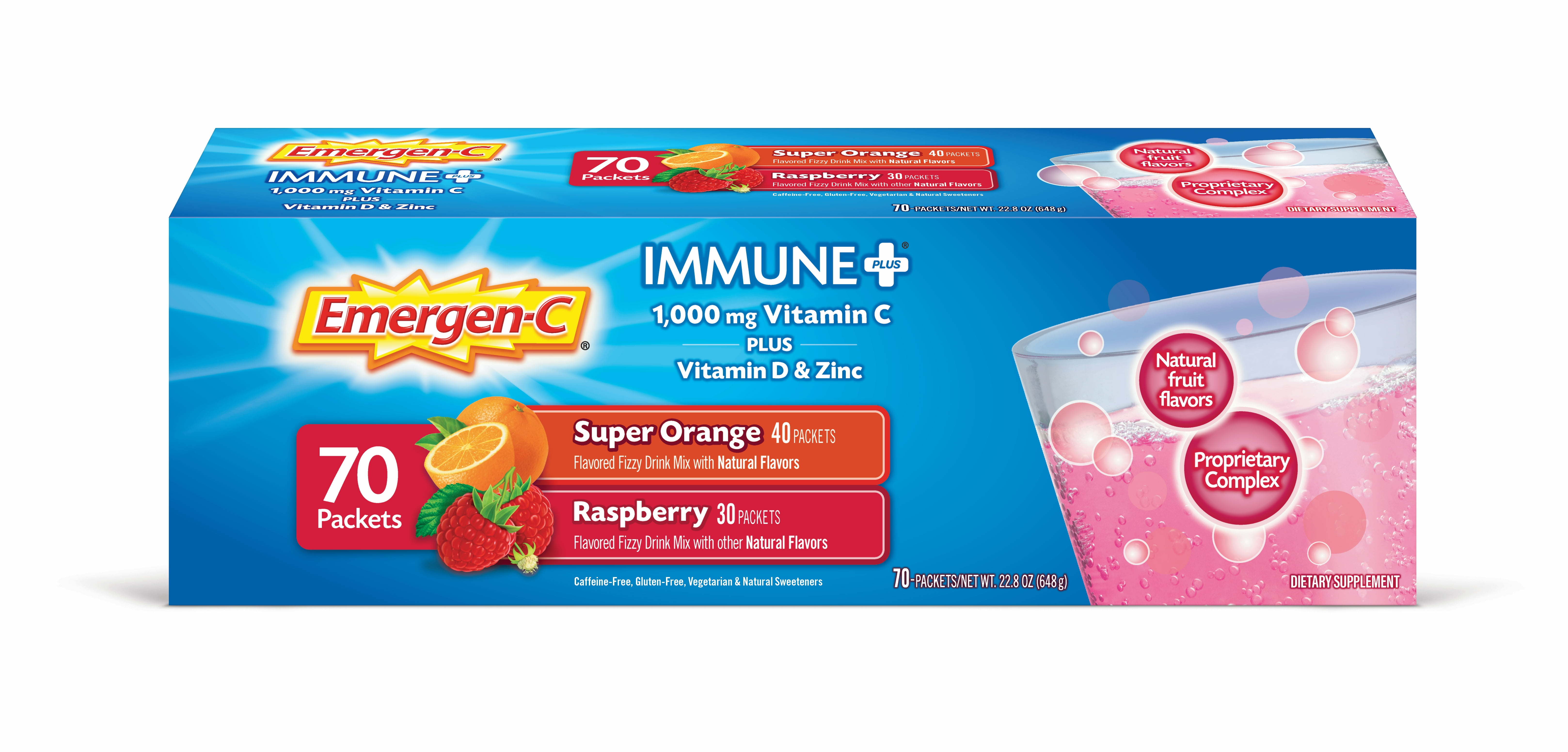 Emergen-C Immune+ 1000mg Vitamin C Powder, with Vitamin D, Zinc, Antioxidants and Electrolytes, Immune Support Dietary Supplement, Super Orange and Raspberry Flavors - 70 Count