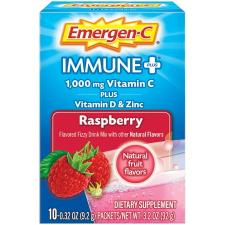 Emergen-C Immune+ 1000mg Vitamin C Powder, with Vitamin D and Zinc, Raspberry - 10 Ct