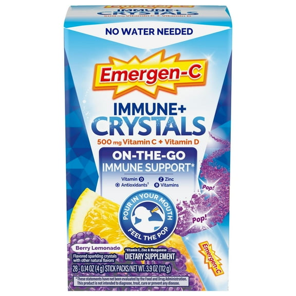 Emergen-C Immune+ Crystals, On-The-Go Immune Support Supplement, Berry Lemonade, Back to School Essentials - 28 Stick Packs