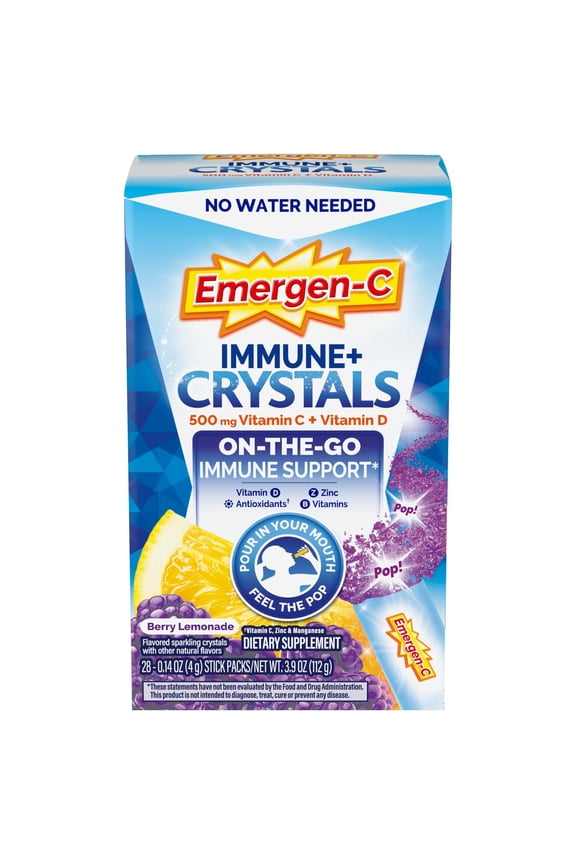 Immune+ Crystals, on-The-Go Immune Support Supplement, Berry Lemonade - 28 Stick packs