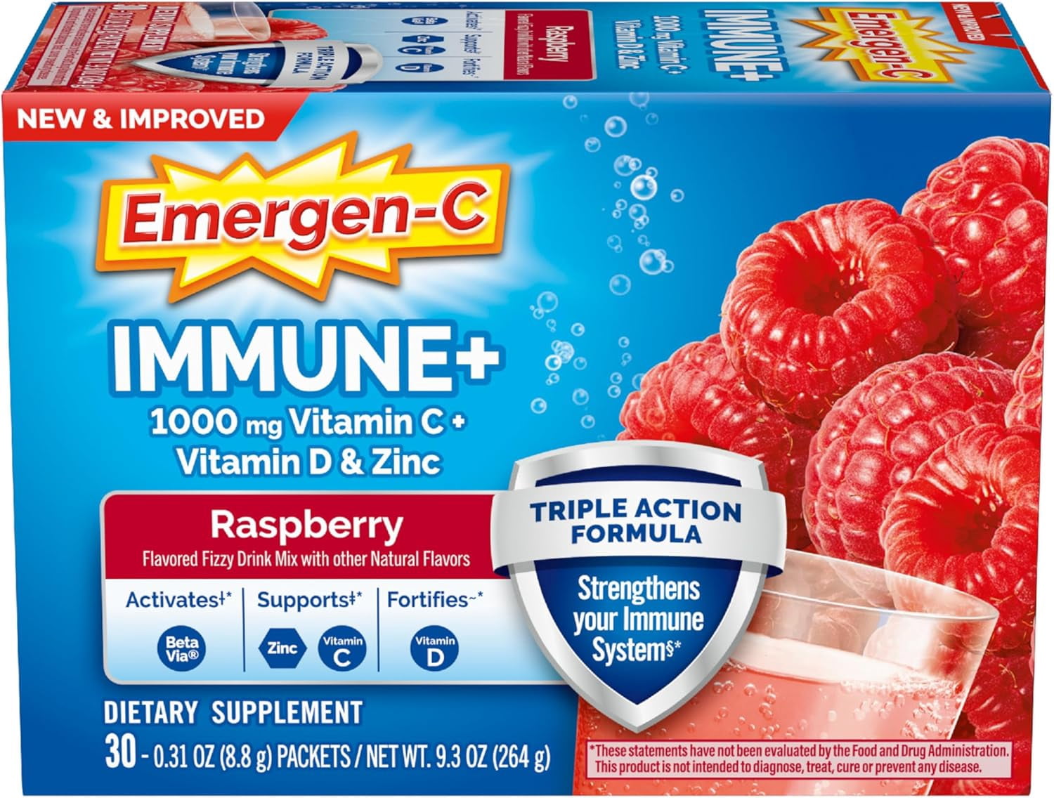 Emergen-C Immune+ (30 Count, Raspberry Flavor) System Support Dietary Supplement Fizzy Drink Mix With Vitamin D, 1000mg Vitamin C plus Antioxidants & Electrolytes, 0.32 Ounce Packets