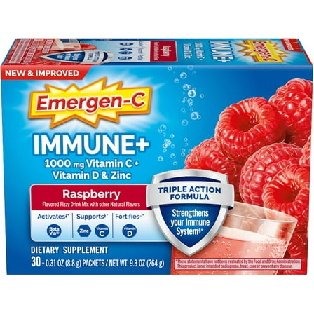Emergen-C Immune Plus Vitamin C Supplement Powder, Raspberry, 30 Ct