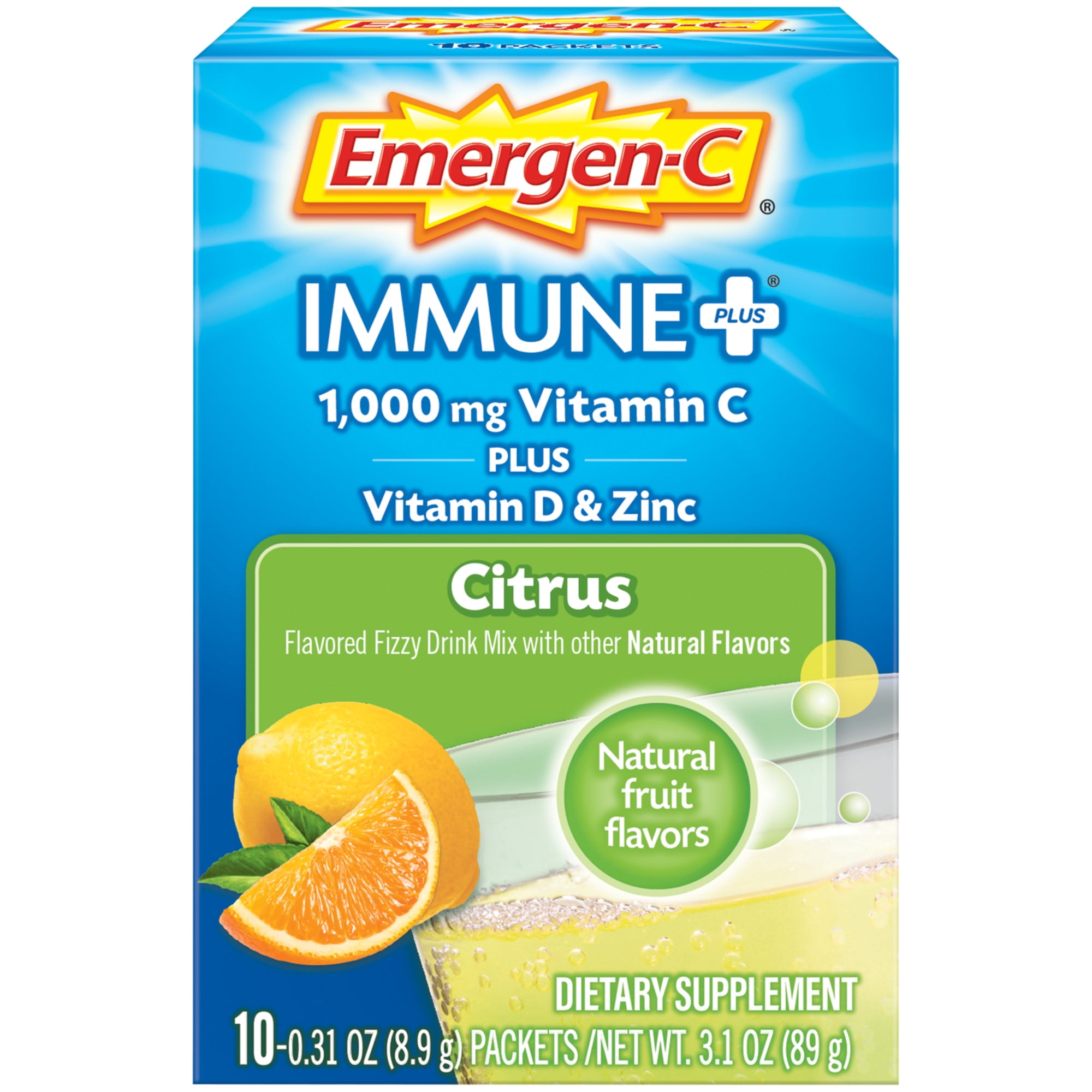 Emergen-C Immune Plus Vitamin C Supplement Powder for Immune Support, Citrus, 10 Ct