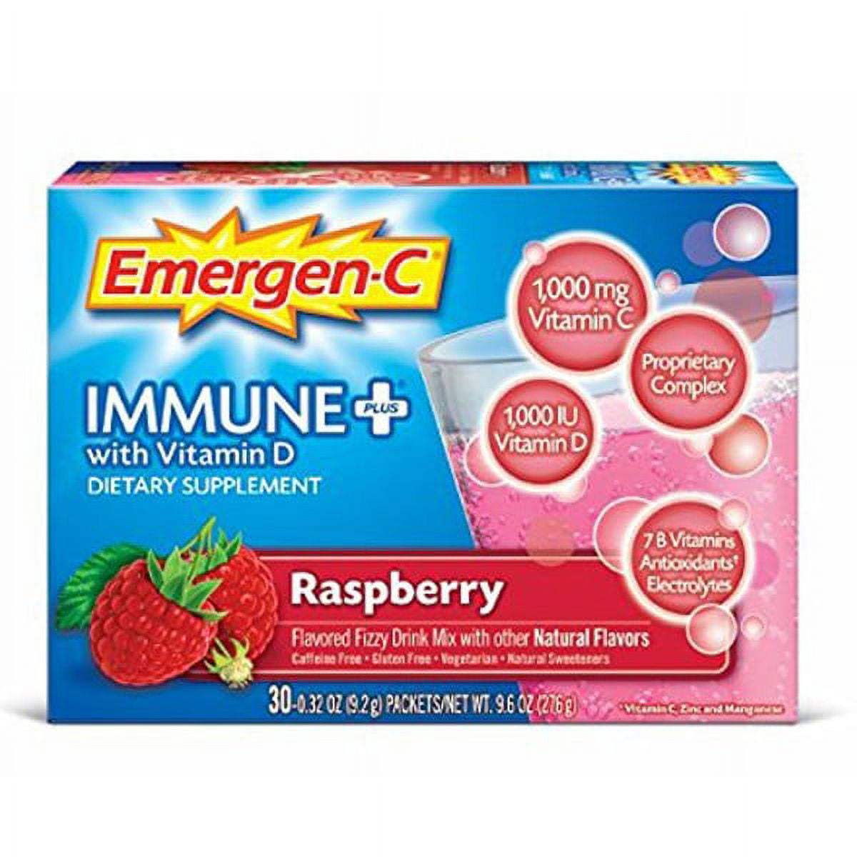 EmergenC Immune+ Raspberry Flavored Fizzy Drink Mix 30 Packets Pack