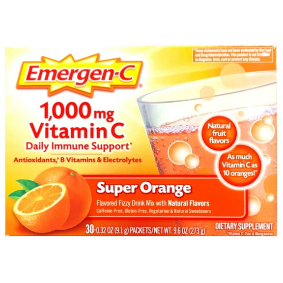 Emergen-C 1000Mg Vitamin C Powder for Immune Support Super Orange, 30 Count, 0.32 Oz Packets