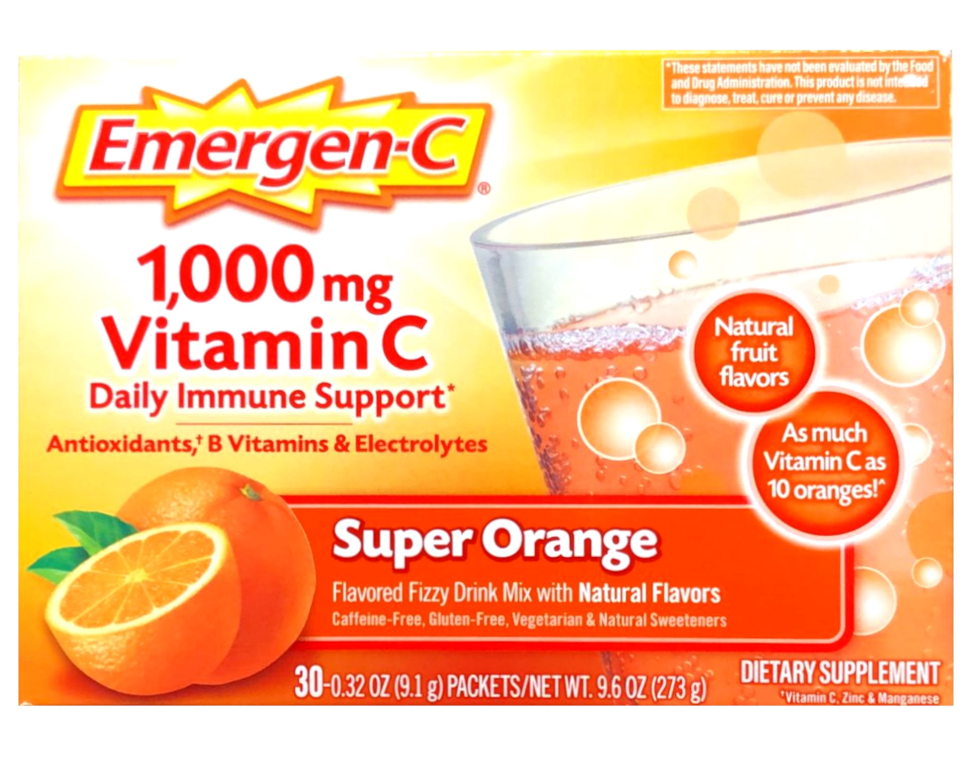 Emergen-C 1000Mg Vitamin C Powder for Immune Support Super Orange, 30 Count, 0.32 Oz Packets - 5 Pack