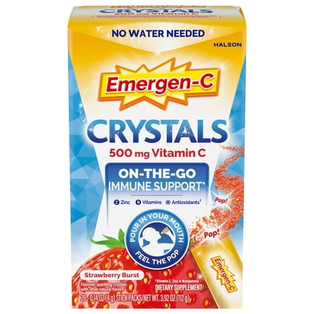 Emergen-C Crystals, On-The-Go Emergen-C Immune Support Supplement With Vitamin C, B Vitamins, Zinc and Manganese, Strawberry Burst - 28 Packs