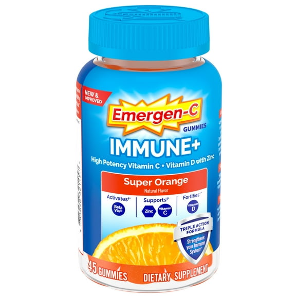 Emergen-C Immune+ Triple Action Immune Support Gummies, Betavia (R), 1000Mg Vitamin C, BVitamins, Vitamin D and Antioxidants, Super Orange - 45 Count