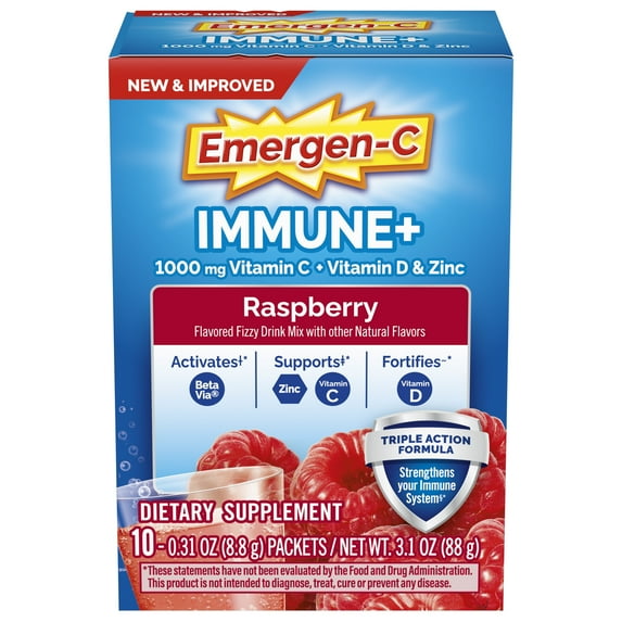 Emergen-C Immune+ Triple Action Immune Support Powder with BetaVia and Antioxidants, 1000mg Vitamin C, Raspberry, 10 Count