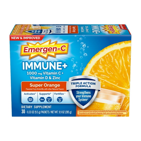 Emergen-C Immune+ Triple Action Immune Support Powder, Betavia (R), 1000Mg Vitamin C, B
 Vitamins, Vitamin D and Antioxidants, Super Orange, Back to School Essentials – 30 Count
