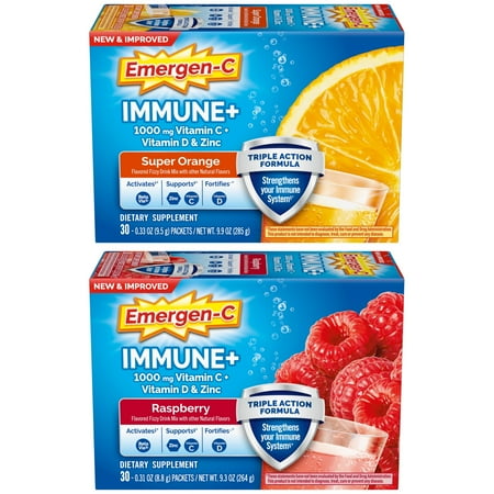Emergen-C Immune+ Vitamin C Immune Support Powder, Raspberry and Super Orange, Set of 2