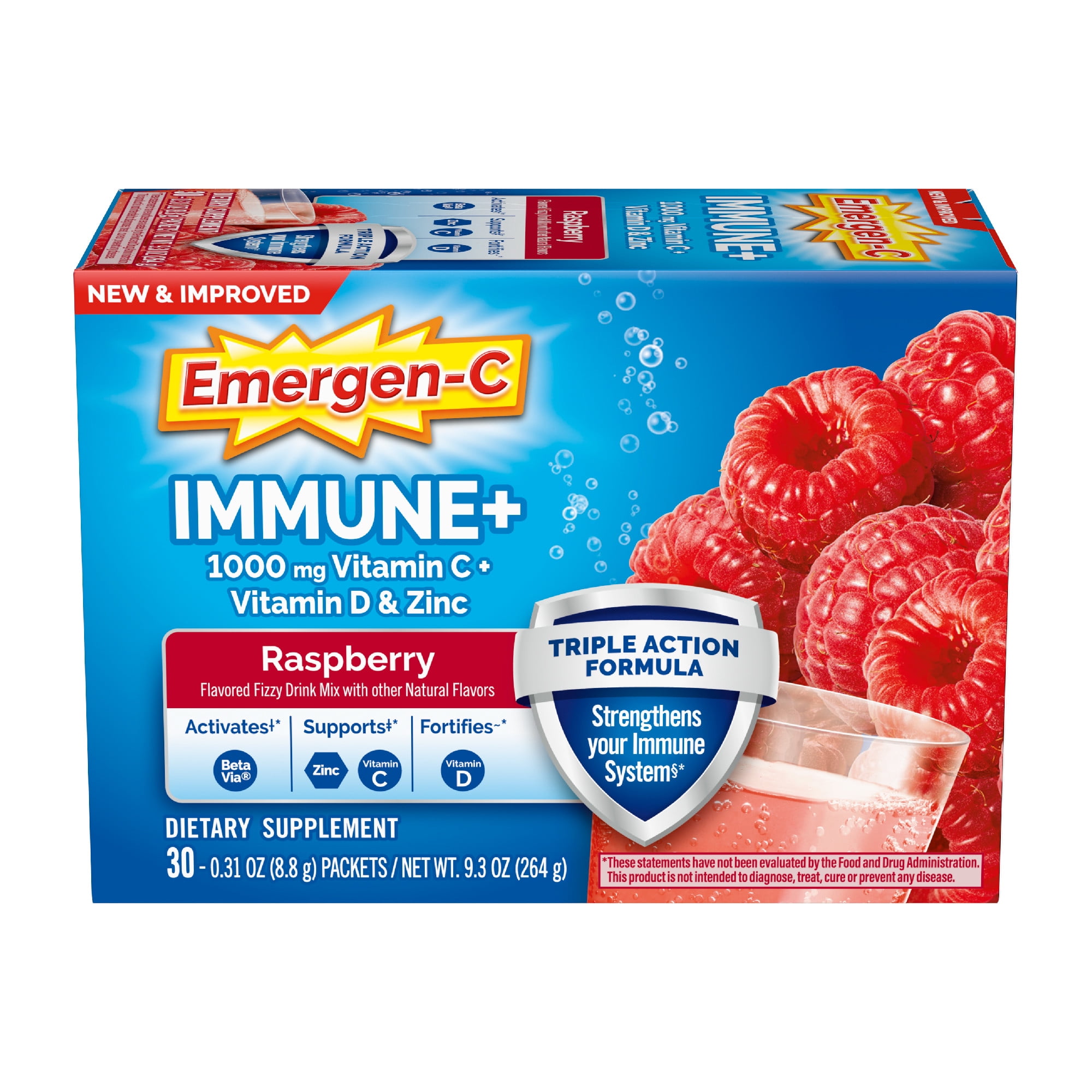 Emergen-C Immune+ Vitamin C Supplement Powder for Immune Support, Raspberry, 30 Ct, for Adults