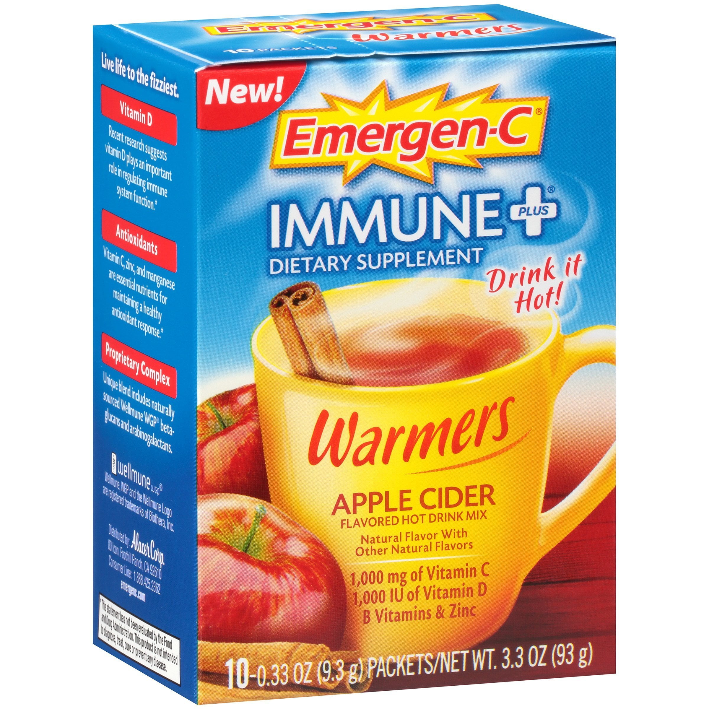 Emergen-C Immune+ Warmers 10 Count, Apple Cider Flavor) Dietary Supplement Flavored Hot Drink Mix, 1000mg Vitamin C, 0.33 Ounce Packets