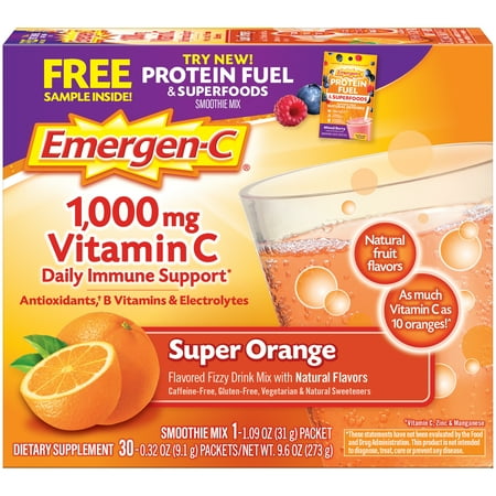 Emergen-C Super Orange Dietary Supplement(0.32 oz., 30 Powder Packets) with Bonus Smoothie Mix