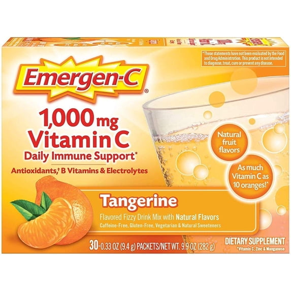 Emergen-C 1000mg Vitamin C Powder for Daily Immune Support with Zinc and Manganese, Tangerine, 30 Count