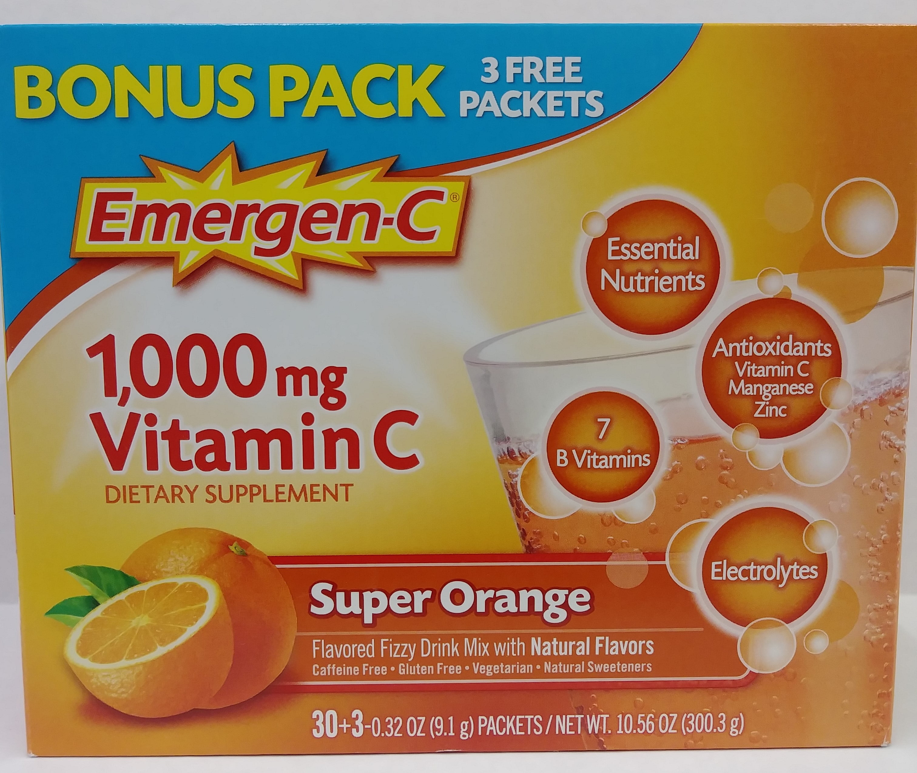 EmergenC Vitamin C Supplement Super Orange Drink Mix, 1000 mg, 0.33 Oz