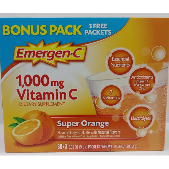 Emergen-C Vitamin C Supplement Super Orange Drink Mix, 1000 mg, 0.33 Oz., 33 Count